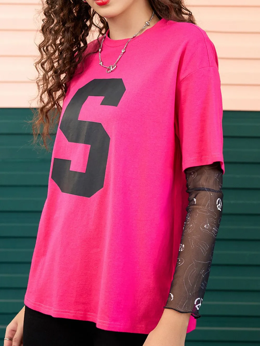 Letter Graphic Round Neck Half Sleeve T-Shirt, image 2