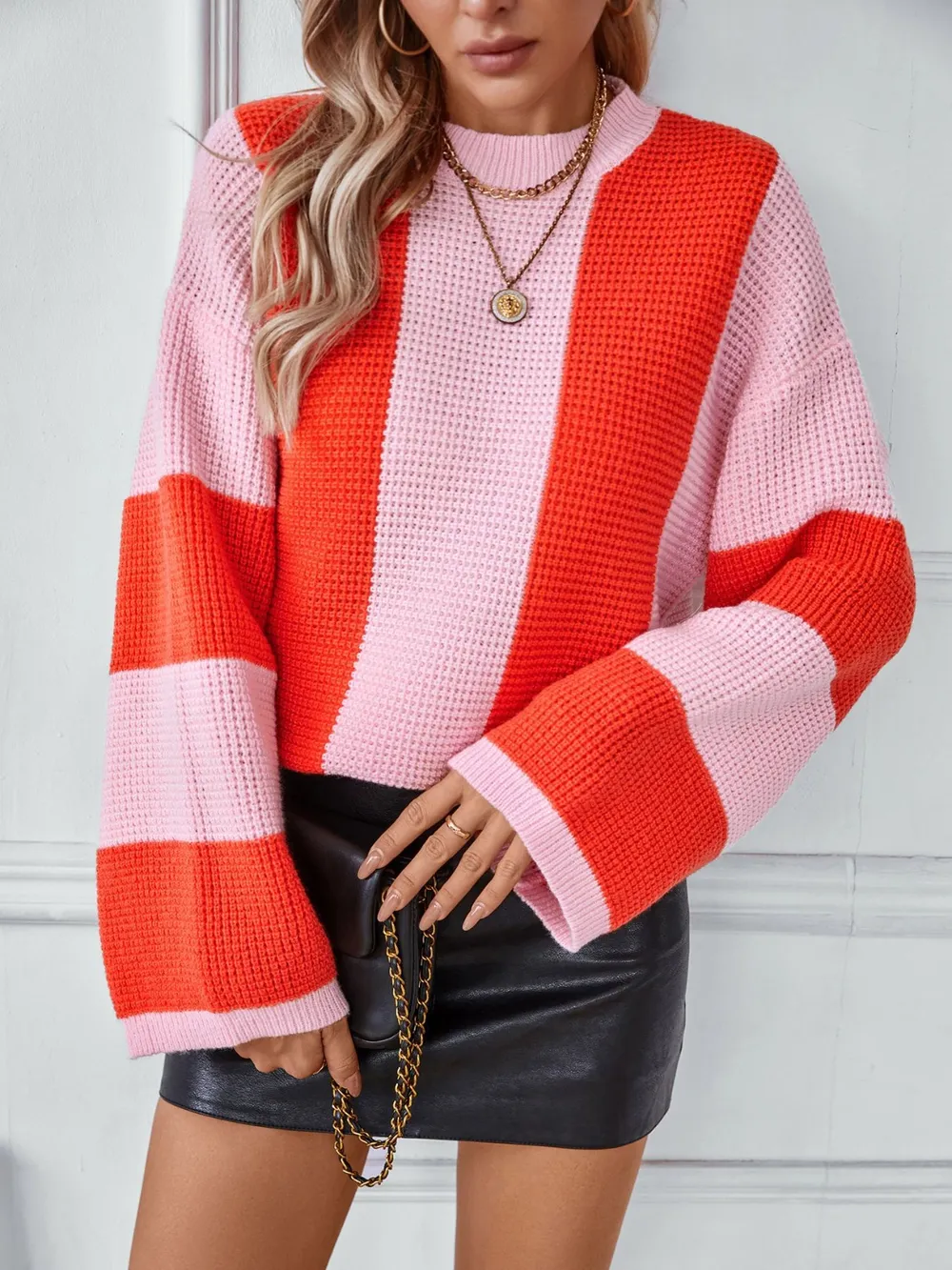 Color Block Round Neck Long Sleeve Sweater, image 4