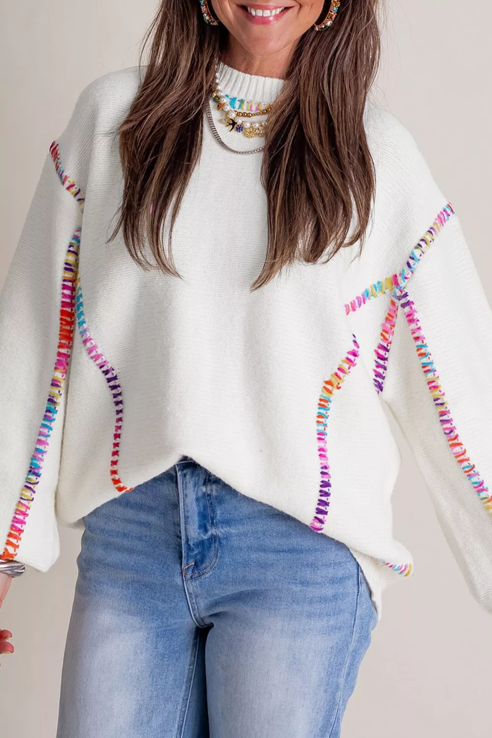 Rainbow Stitching Long Sleeve Relaxed Sweater, image 4