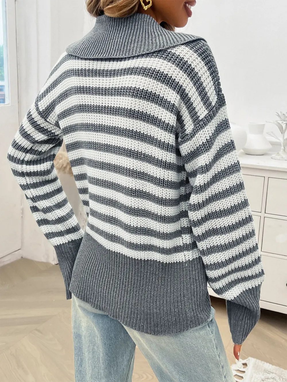 Striped Collared Neck Long Sleeve Sweater, image 21