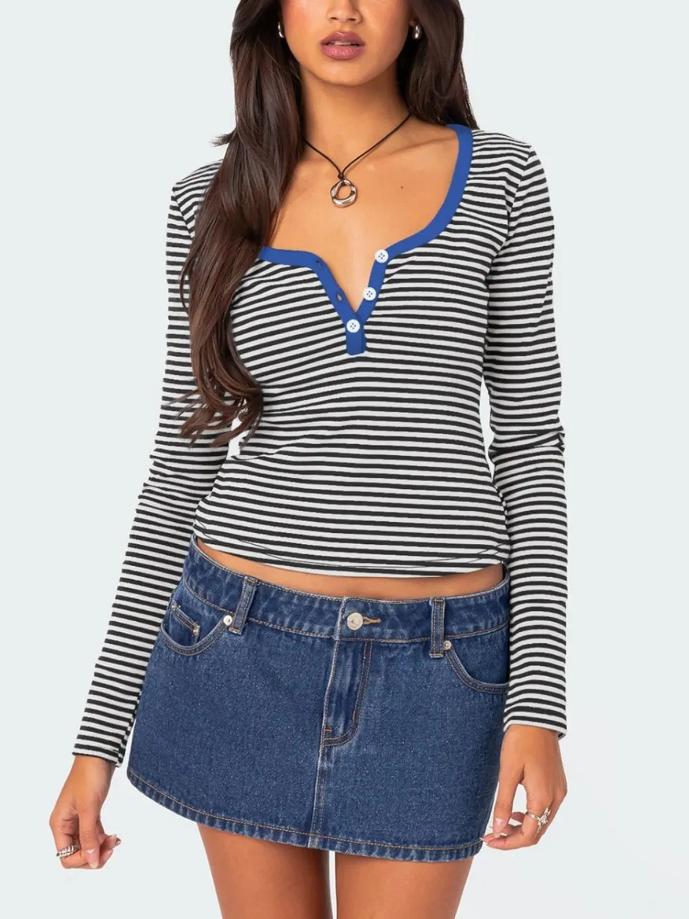 Buttoned Striped Long Sleeve T-Shirt, image 2