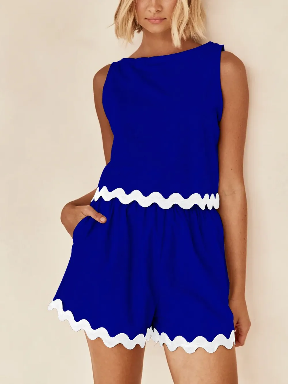 Contrast Trim Round Neck Tank and Shorts Set, image 11