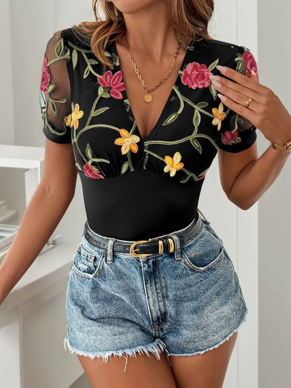 Embroidered V-Neck Floral Bodysuit, image 4
