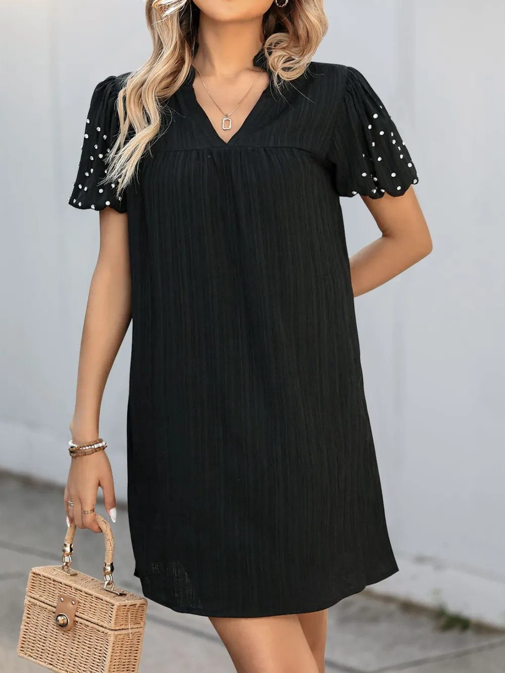 Textured V-Neck Short Sleeve Mini Dress, image 5