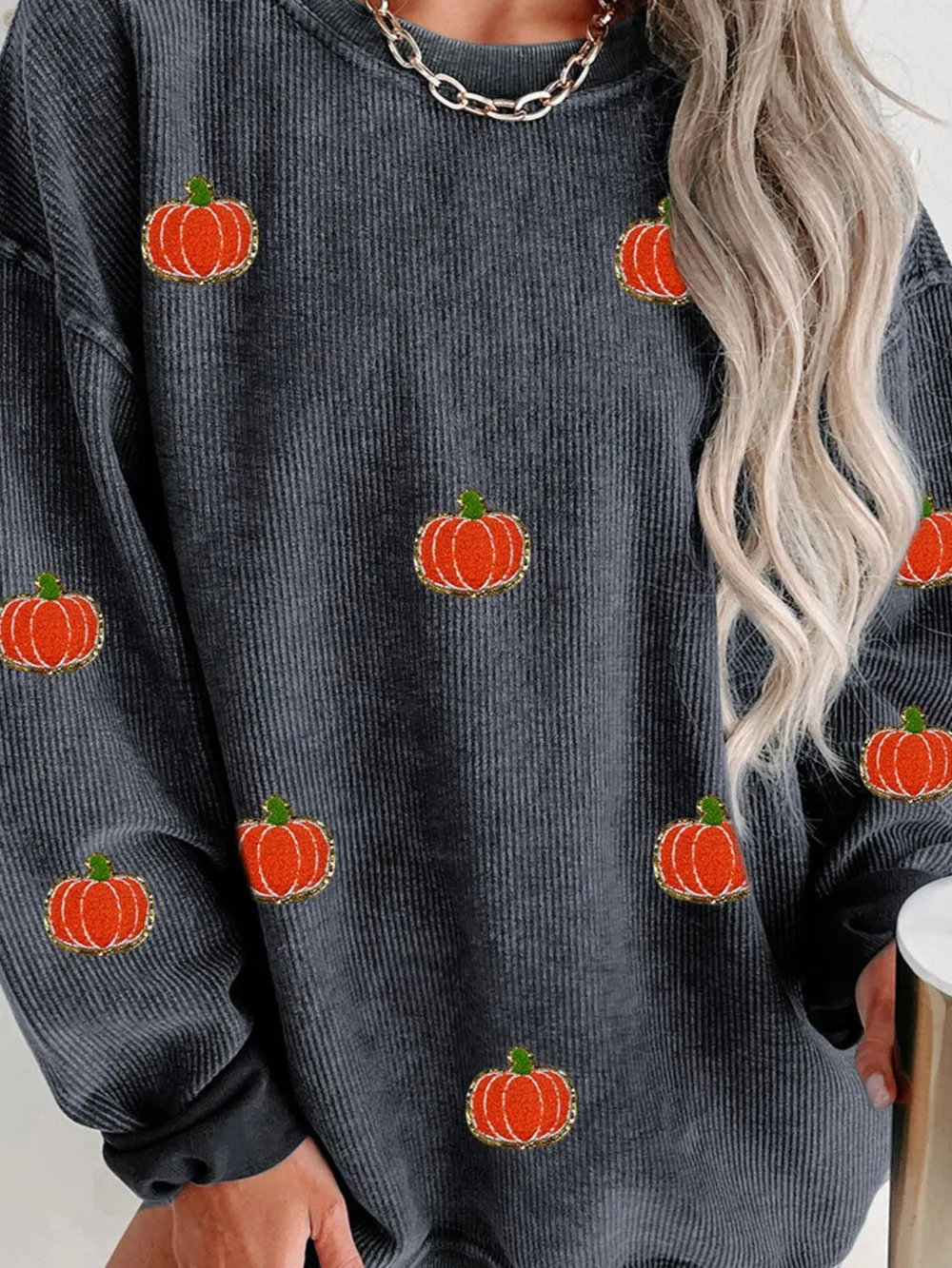 Pumpkin Round Neck Long Sleeve Sweatshirt, image 5
