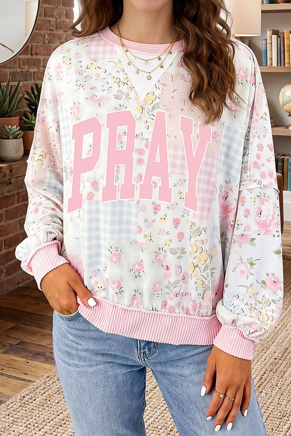 PRAY Graphic Floral Mixed Print Patchwork Top