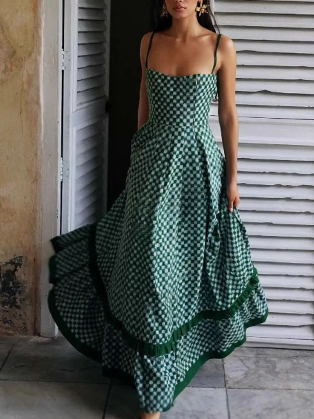 Checkered Spaghetti Strap Maxi Dress, image 3