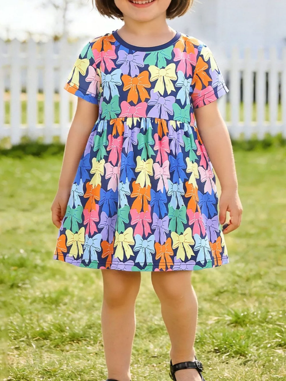 Children's Colorful Bow-Print Casual Dress
