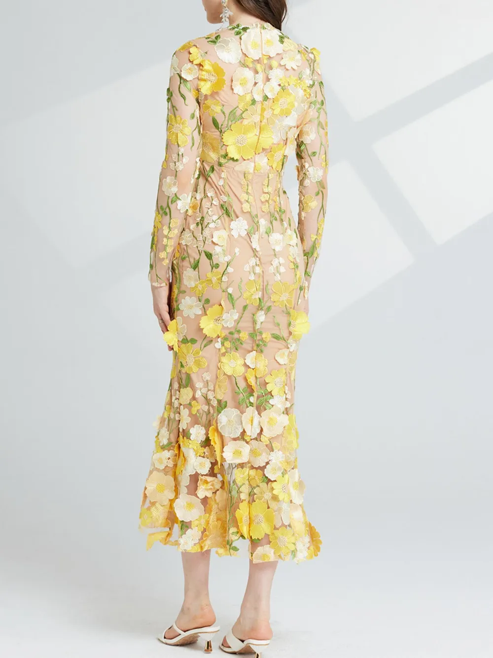 Floral Embroidered Mesh Long Sleeve Midi Dress, image 21