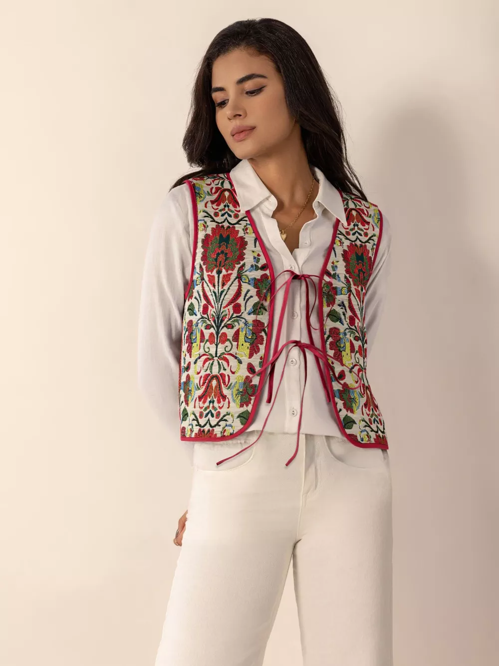 Floral Embroidered Tie-Front Vest Coat, image 8