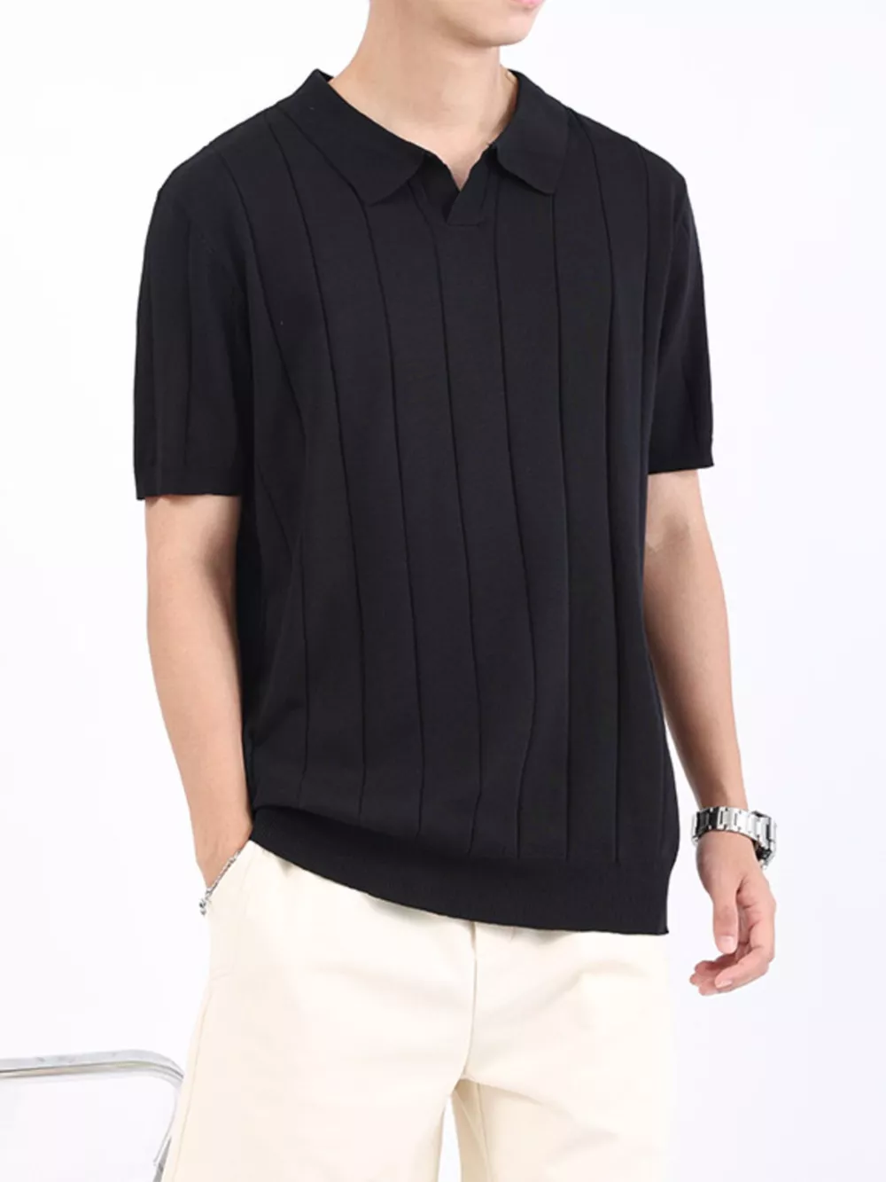 Men's Plus Size Ribbed Knit Short Sleeve Polo