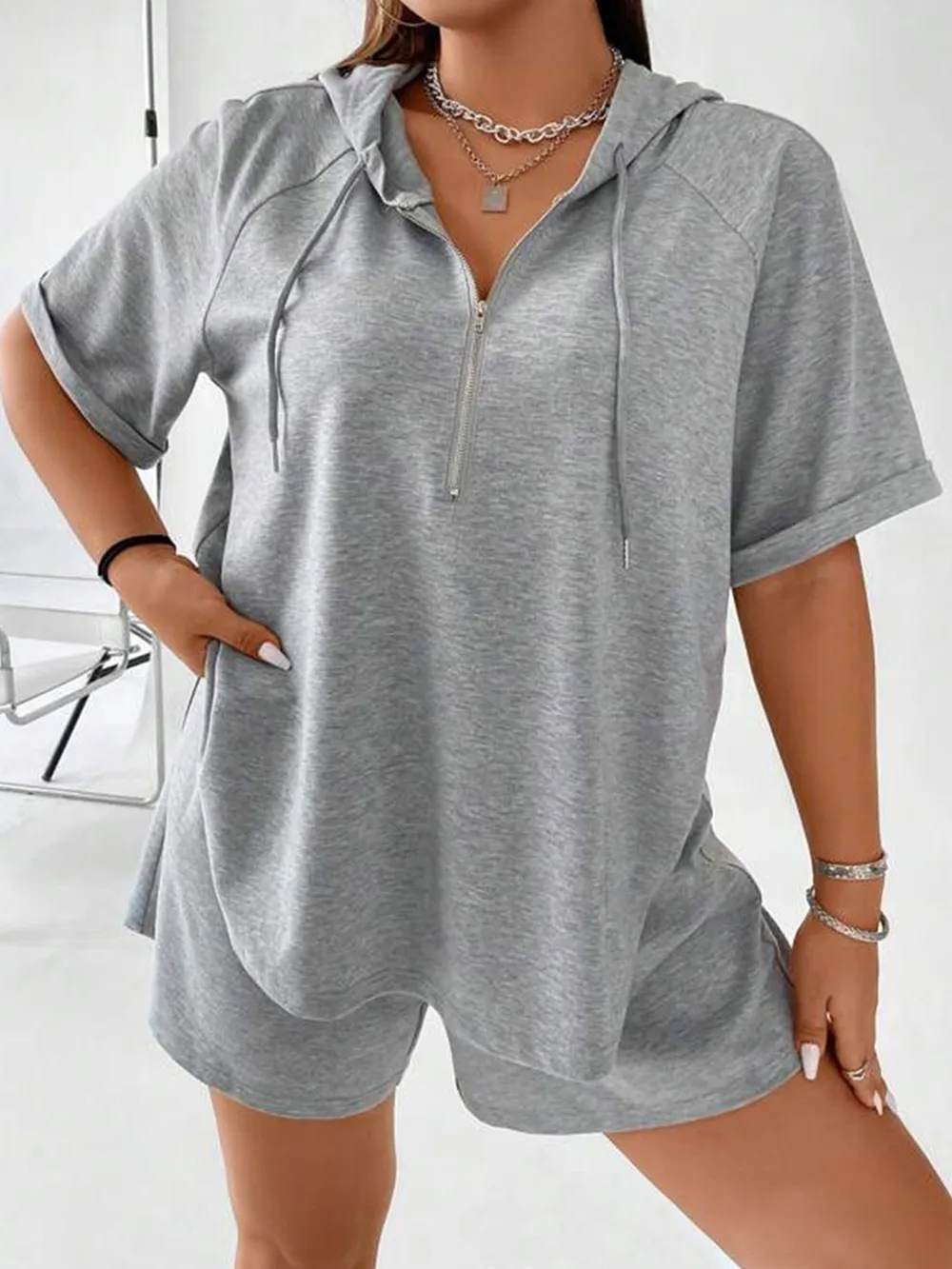 Full Size Drawstring Half Zip Hooded Top and Shorts Set Plus Size, image 5