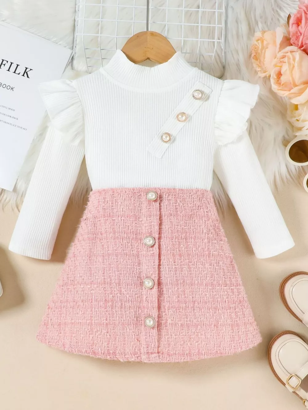 Children's Ruffle Sleeve Top & Tweed Skirt Set, image 6
