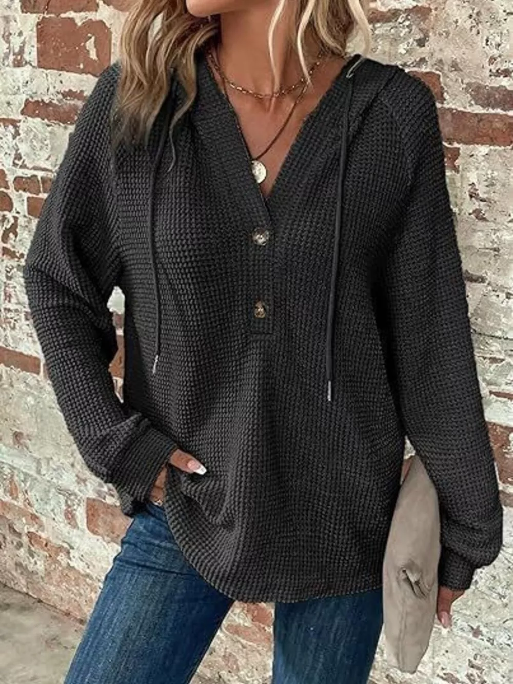 Full Size Button Detail Waffle Knit Hoodie Plus Size, image 18