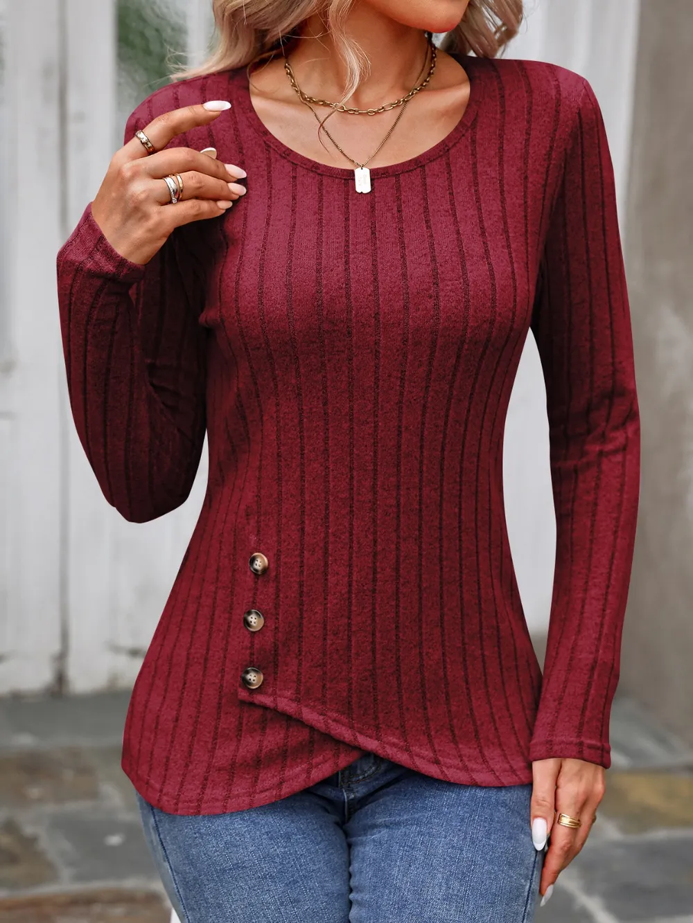 Decorative Button Round Neck Long Sleeve T-Shirt, image 20