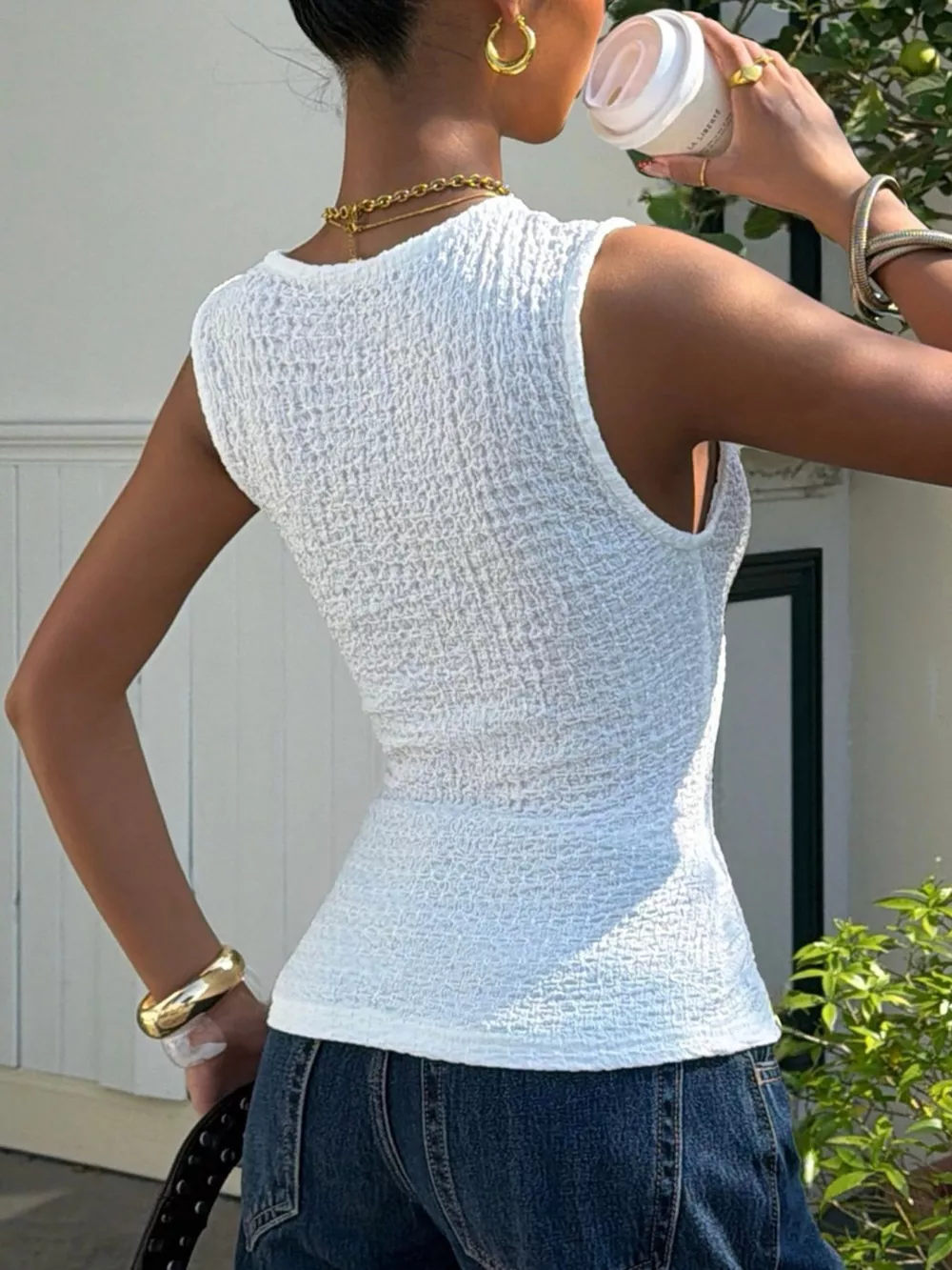 Textured Knit Button-Down Tank, image 5