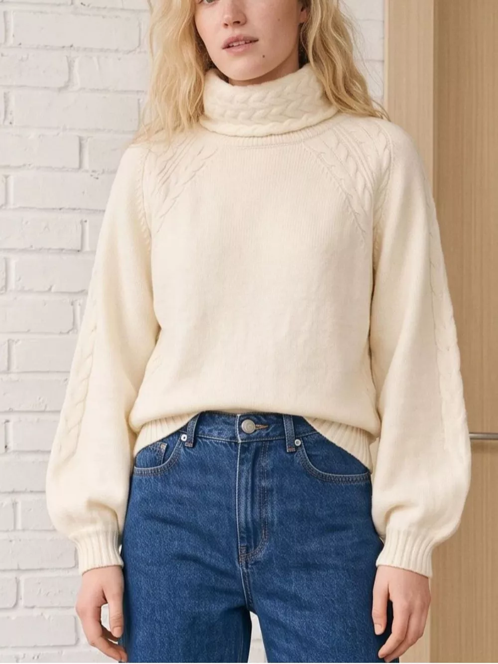 Cable-Knit Turtleneck Long Sleeve Sweater, image 2
