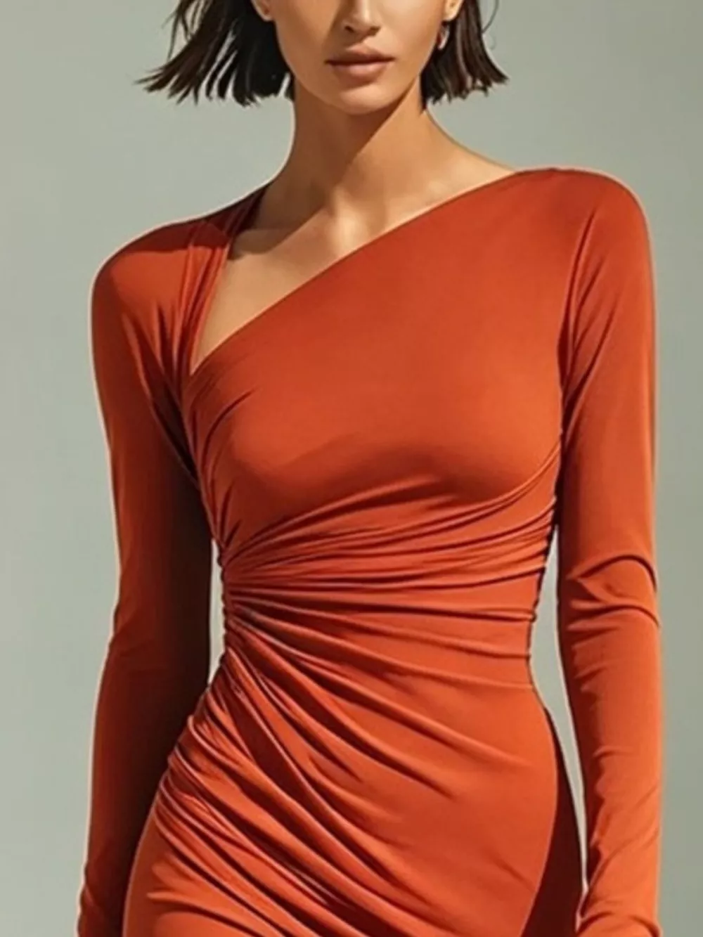 Asymmetrical Neck Ruched Long-Sleeve Dress, image 3
