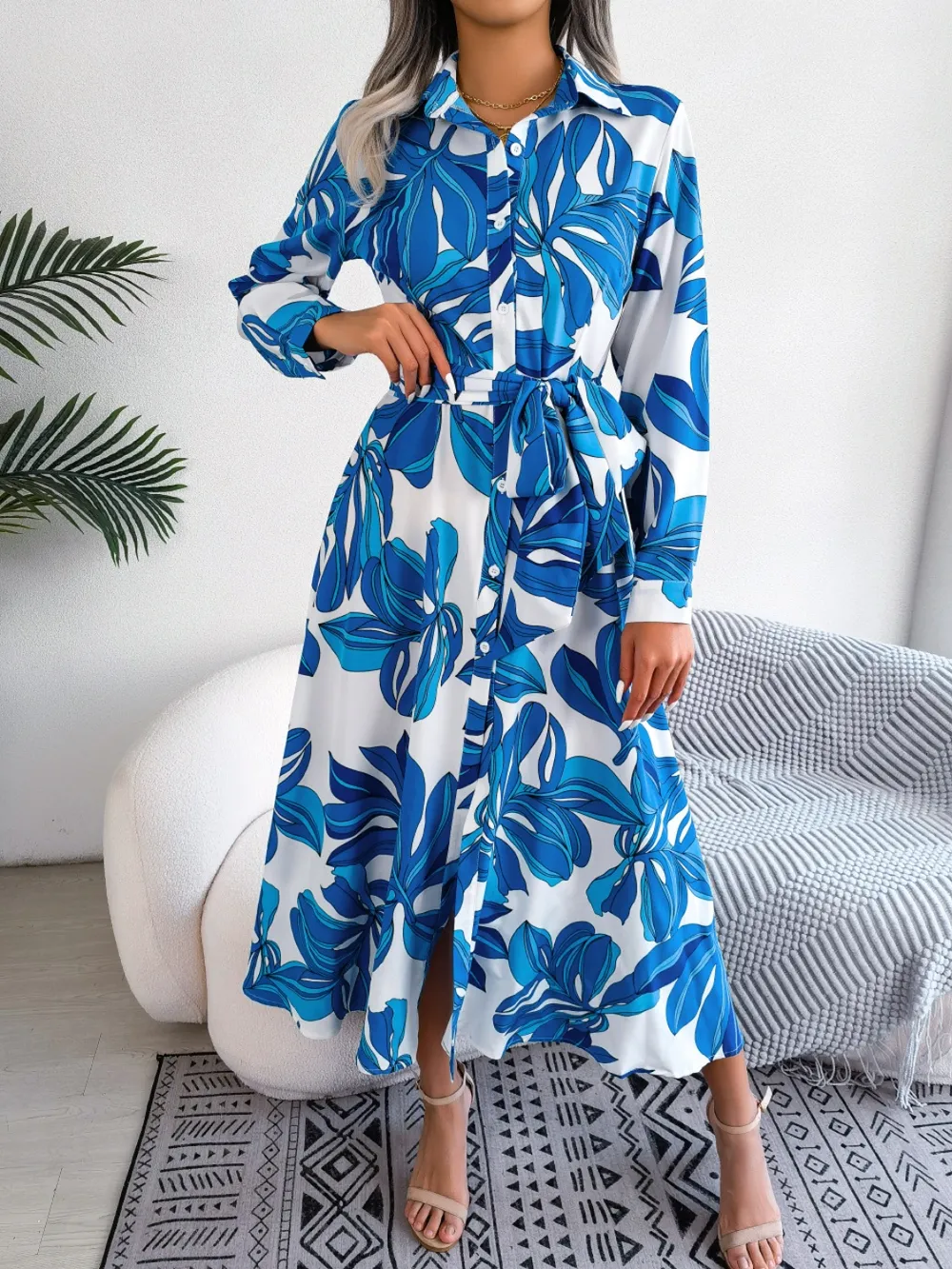 Tied Button Up Long Sleeve Dress, image 13