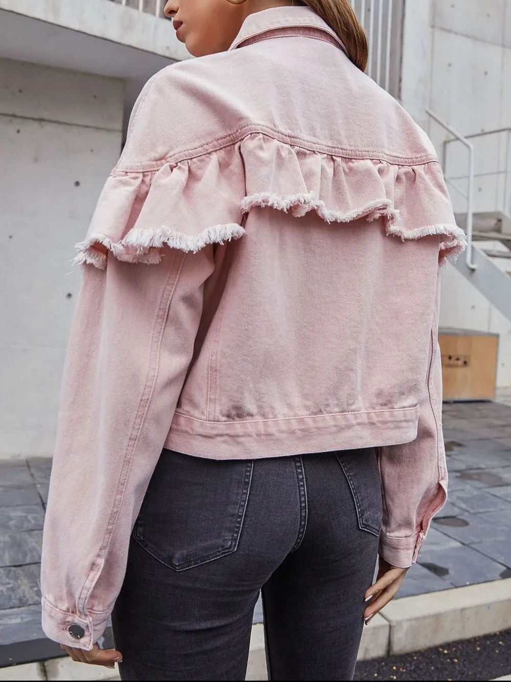 Ruffled Collared Neck Long Sleeve Denim Top, image 2