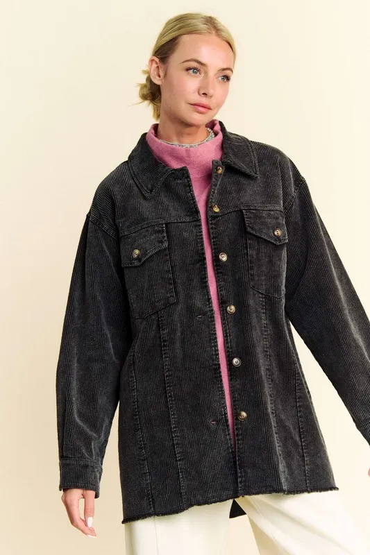 Washed Corduroy Raw Hem Button Up Jacket, image 6