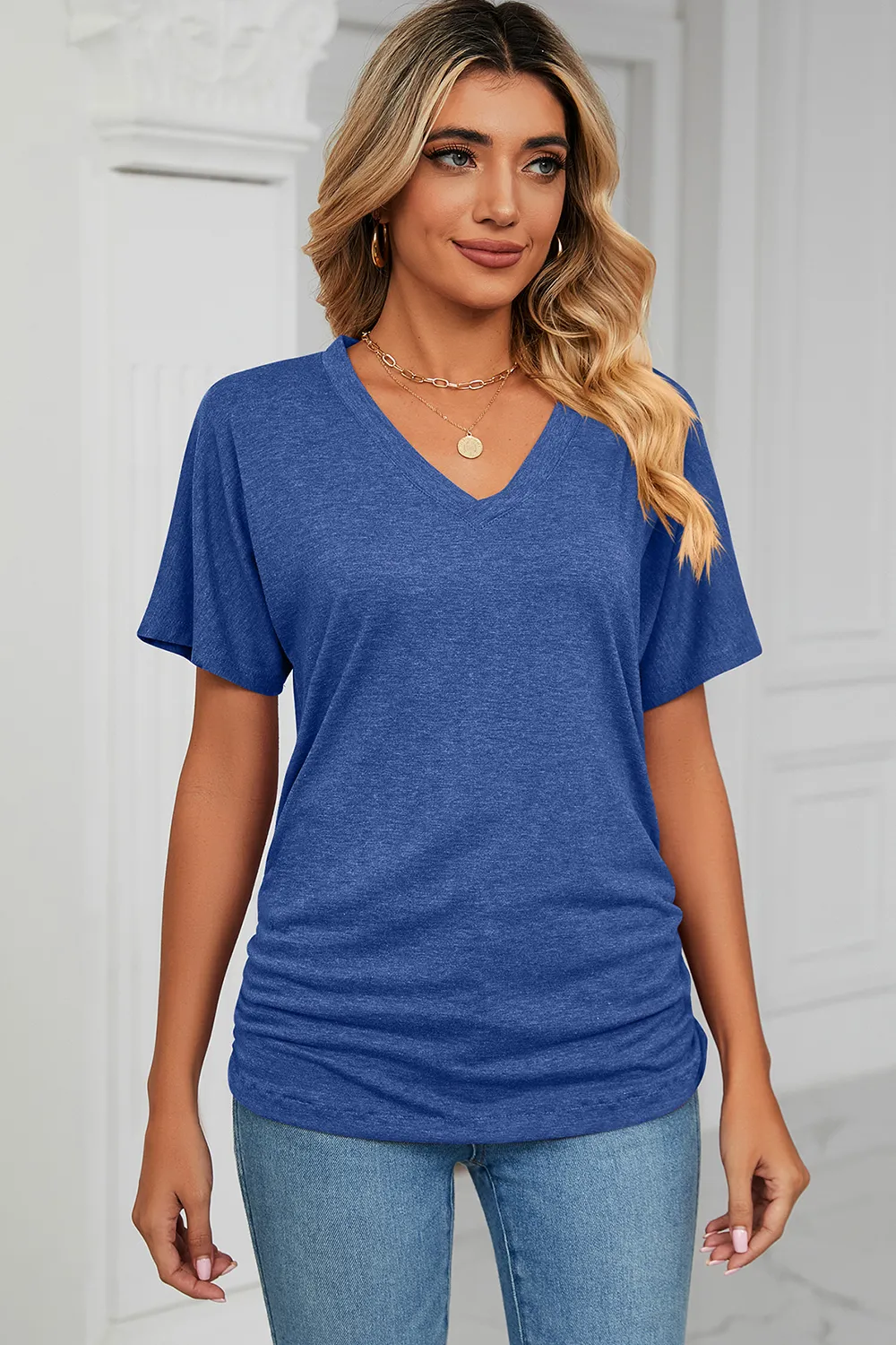 Ruched V-Neck Short Sleeve T-Shirt, image 21