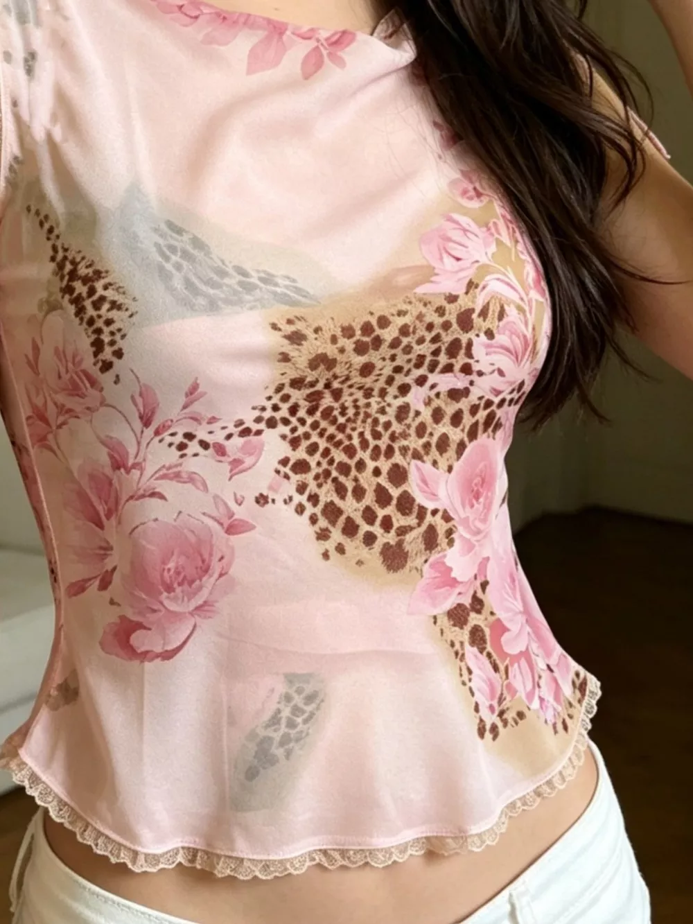 Floral Leopard Print Tie-Strap Mesh Cami, image 2