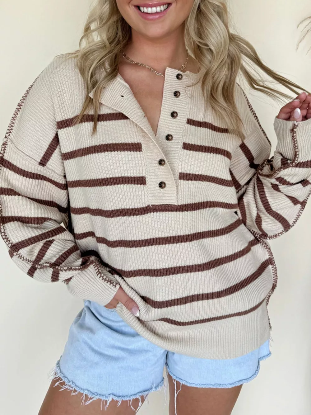 Stripe Ribbed Henley Drop Shoulder Slouchy Sweater, image 3