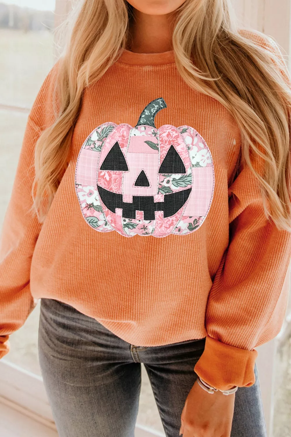 Patchwork Pumpkin Graphic Corded Ribbed Round Neck Tunic Sweatshirt, image 4