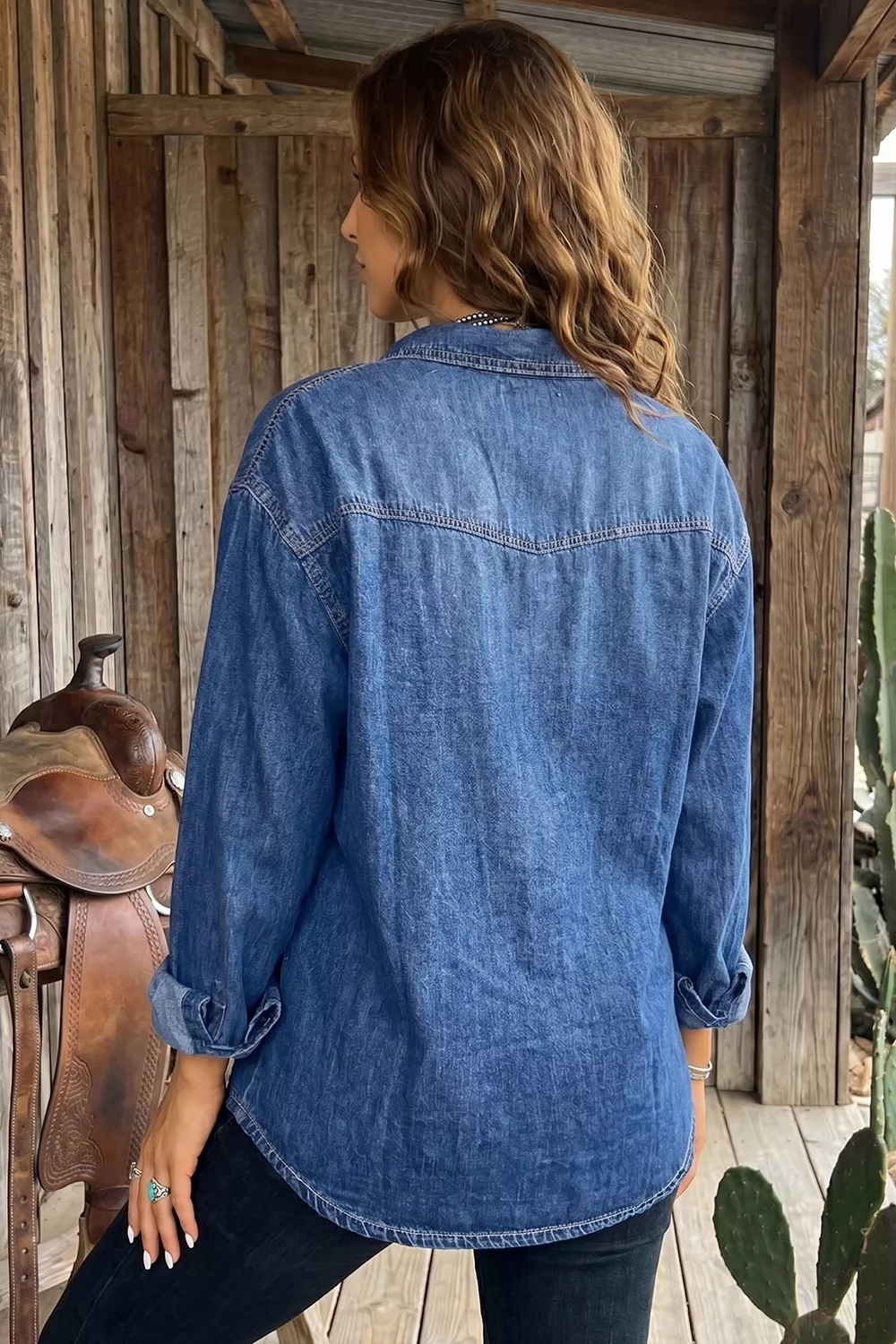 Western Patch Pockets Tunic Length Long Sleeve Denim Shirt, image 6
