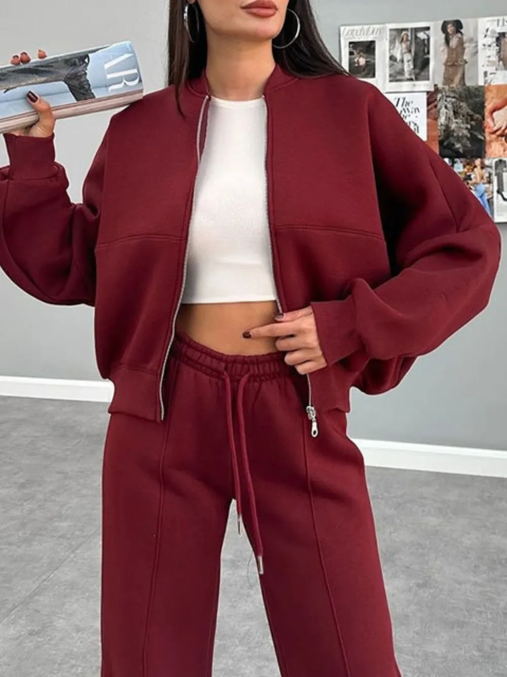 Baseball Collar Zip Up Outerwear and Drawstring Pants Set, image 21