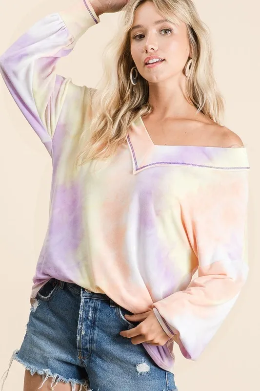 Tie Dye French Terry V-Neck Top with Puff Sleeves, image 5