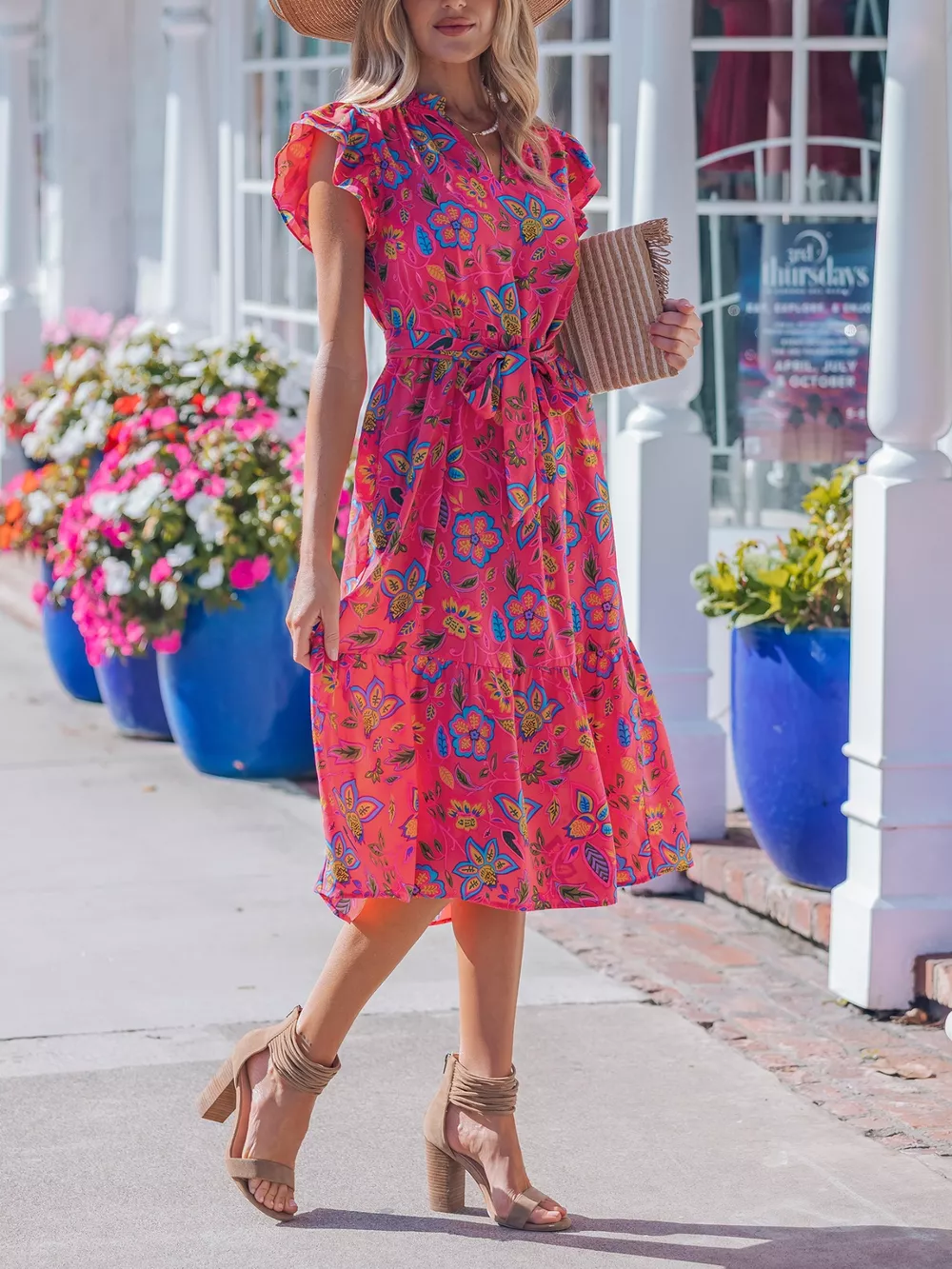 Flutter Sleeve Belted Floral Dress, image 4
