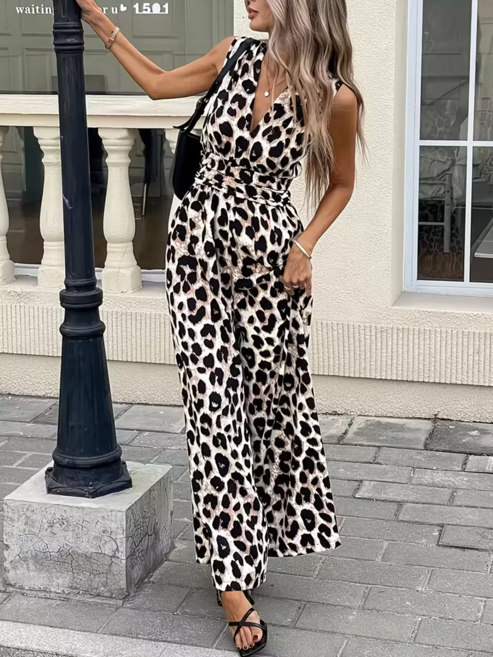 Sleeveless V-Neck Leopard Print Wide Leg Jumpsuit, image 16