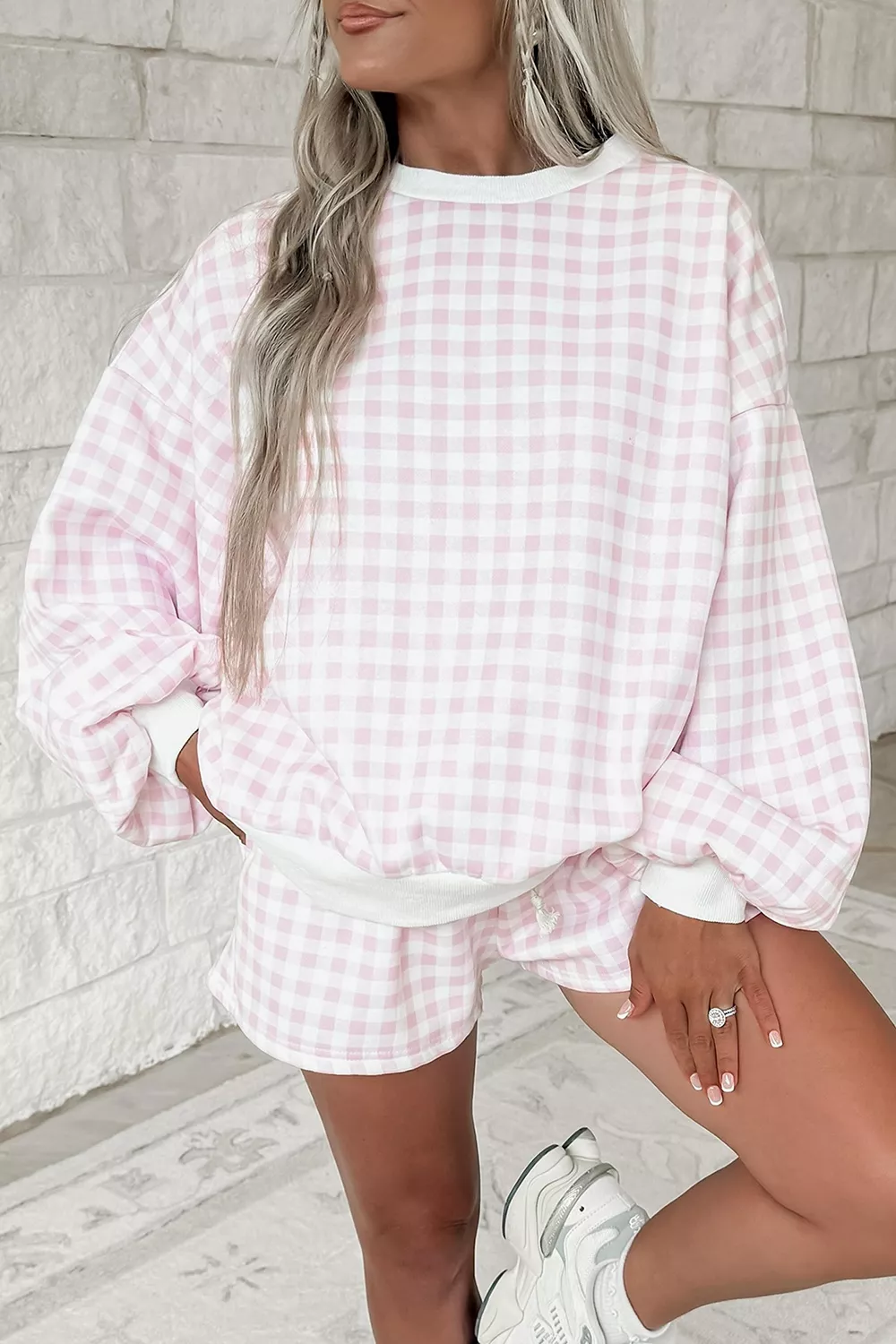 Gingham Long Sleeve Sweatshirt and Shorts Set, image 3