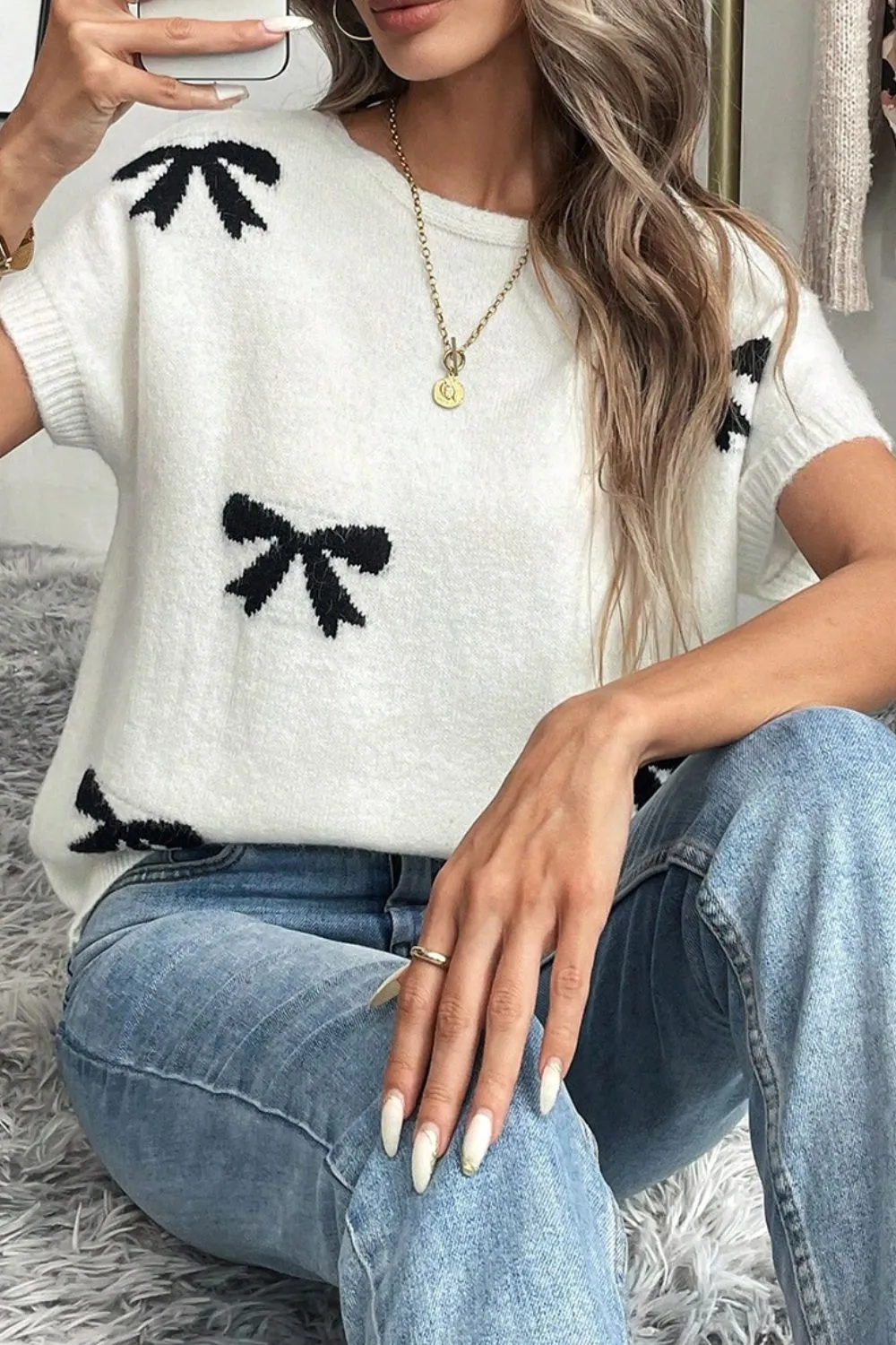 Bow Pattern Knit Short Sleeve Sweater, image 12