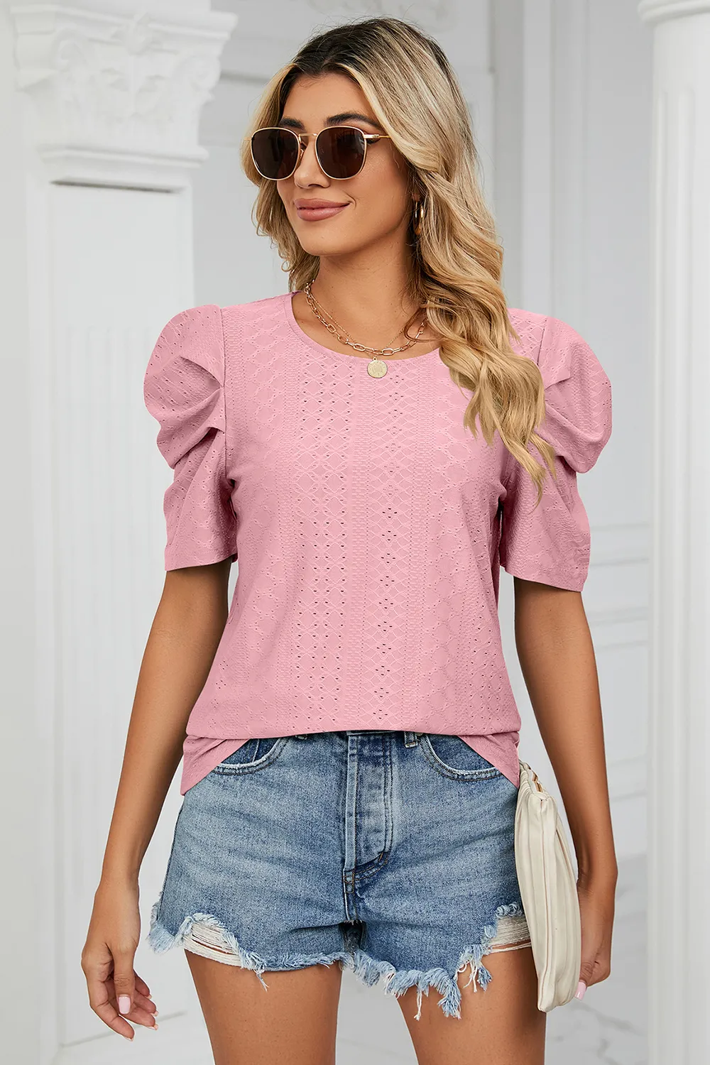 Eyelet Round Neck Puff Sleeve T-Shirt, image 4