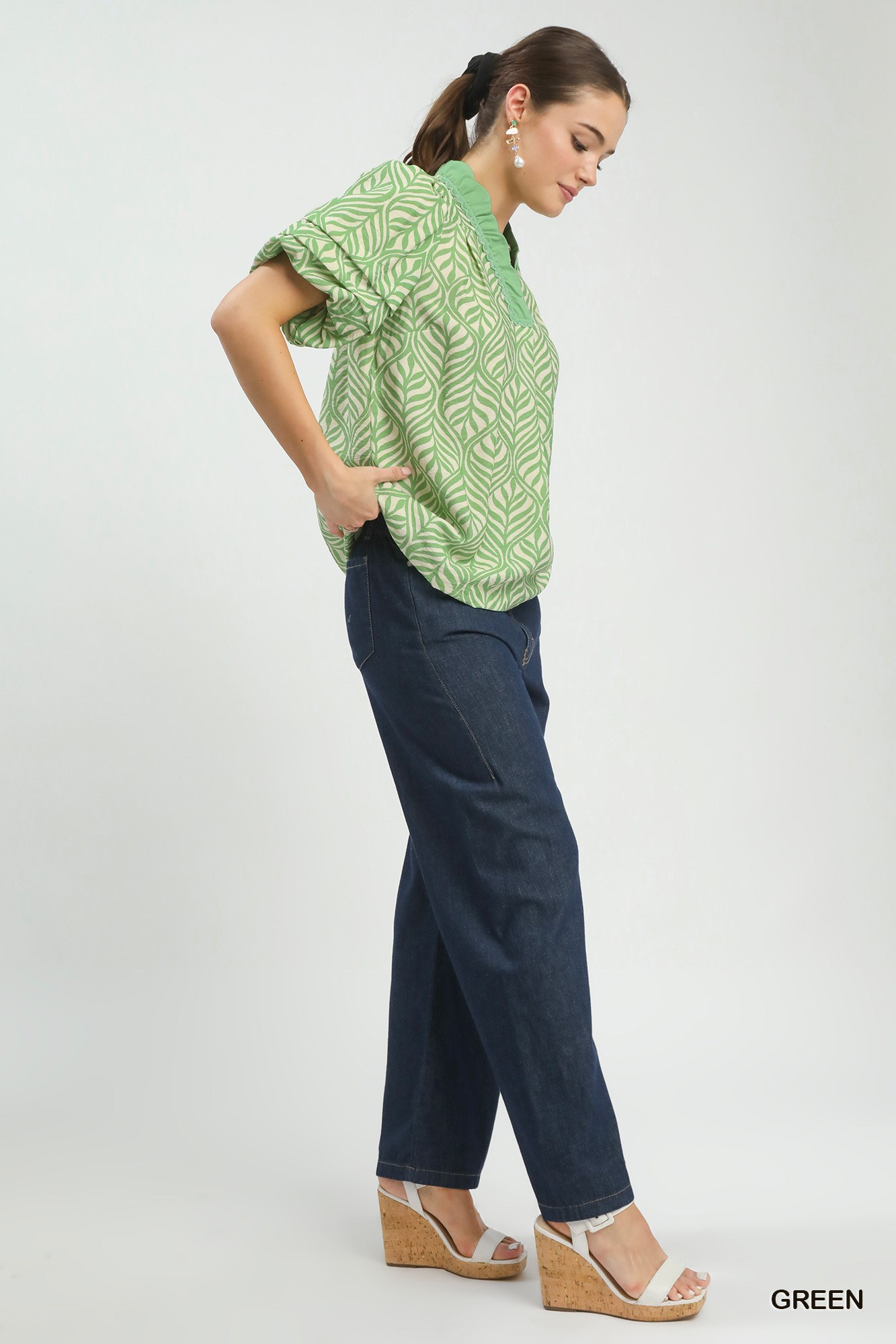 Printed Puff Sleeve Ruffle Neck Top, image 3