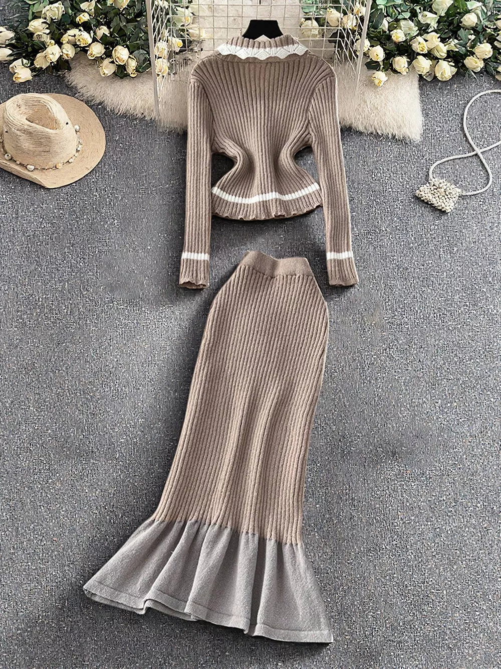 Ribbed Knit Cardigan and Skirt Sweater Set, image 4