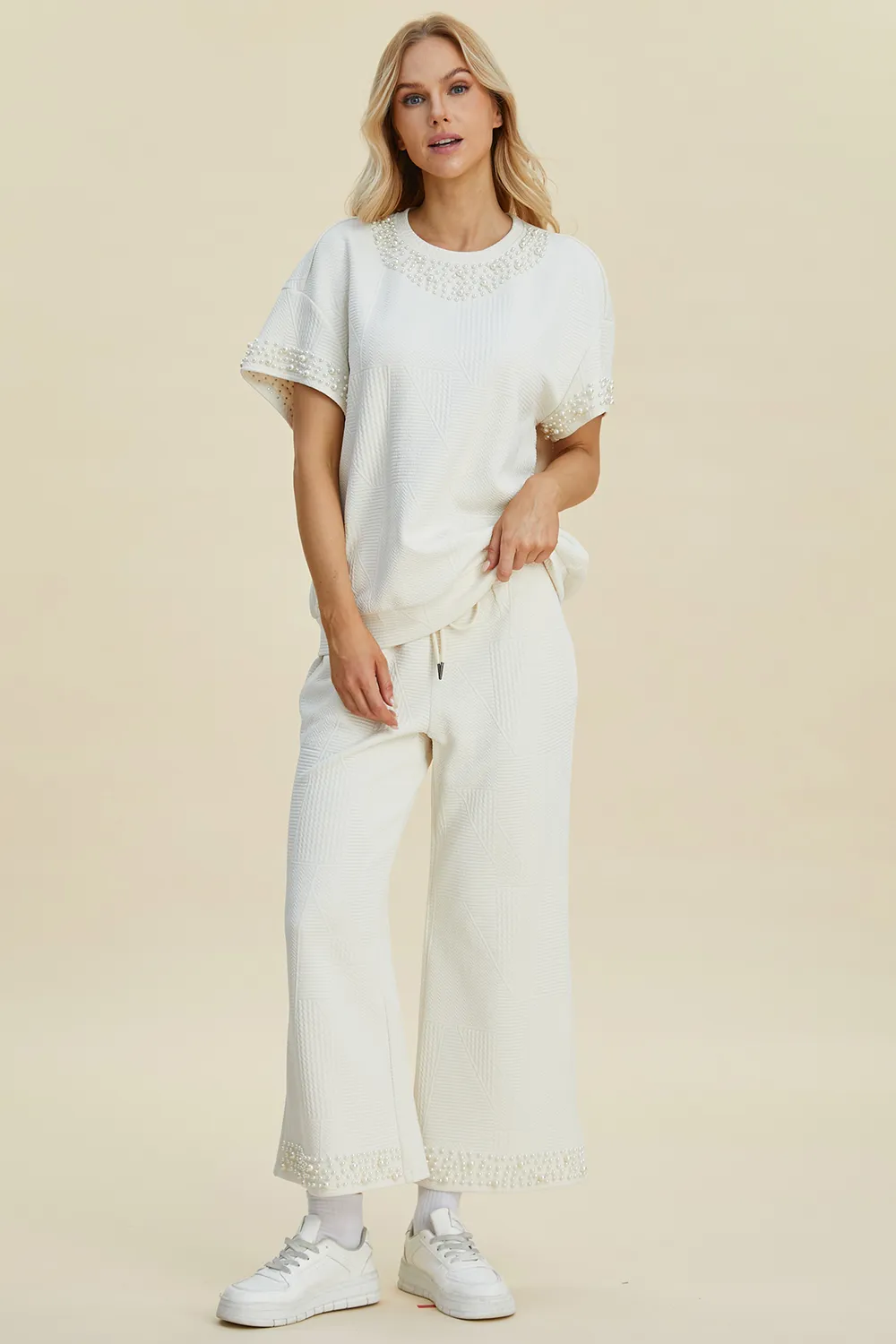 Full Size Pearl Detail Round Neck Top and Pants Set, image 12