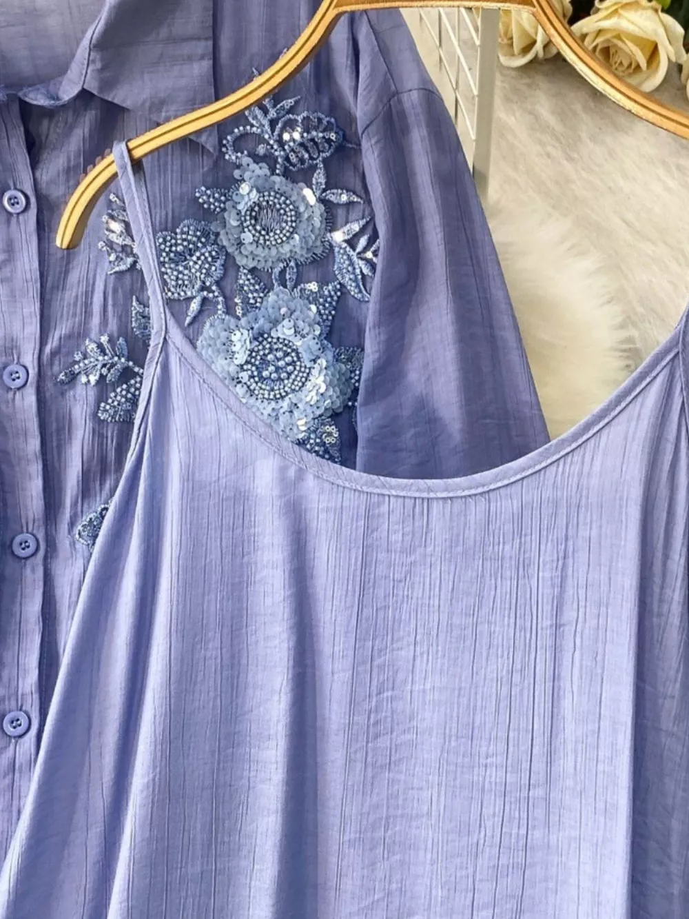 Sequin Flower Button Up Shirt and Cami Dress Set, image 22