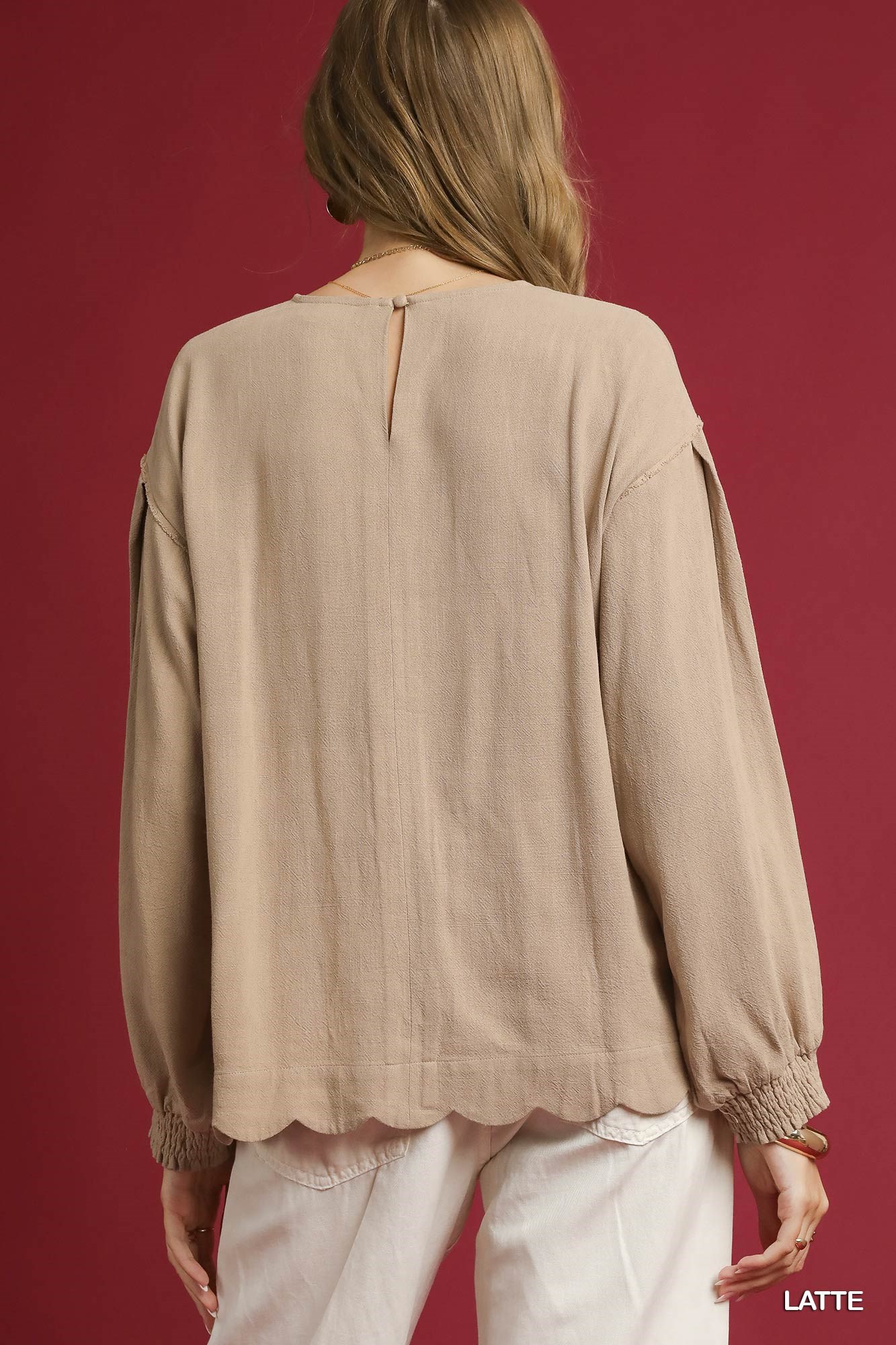 Linen Scallop Hem Long Sleeve Blouse, image 3