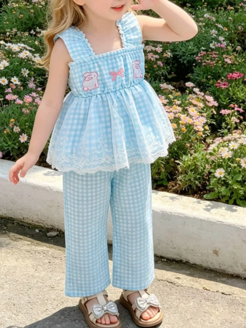 Children's Bunny Gingham Top and Pants Set, image 2