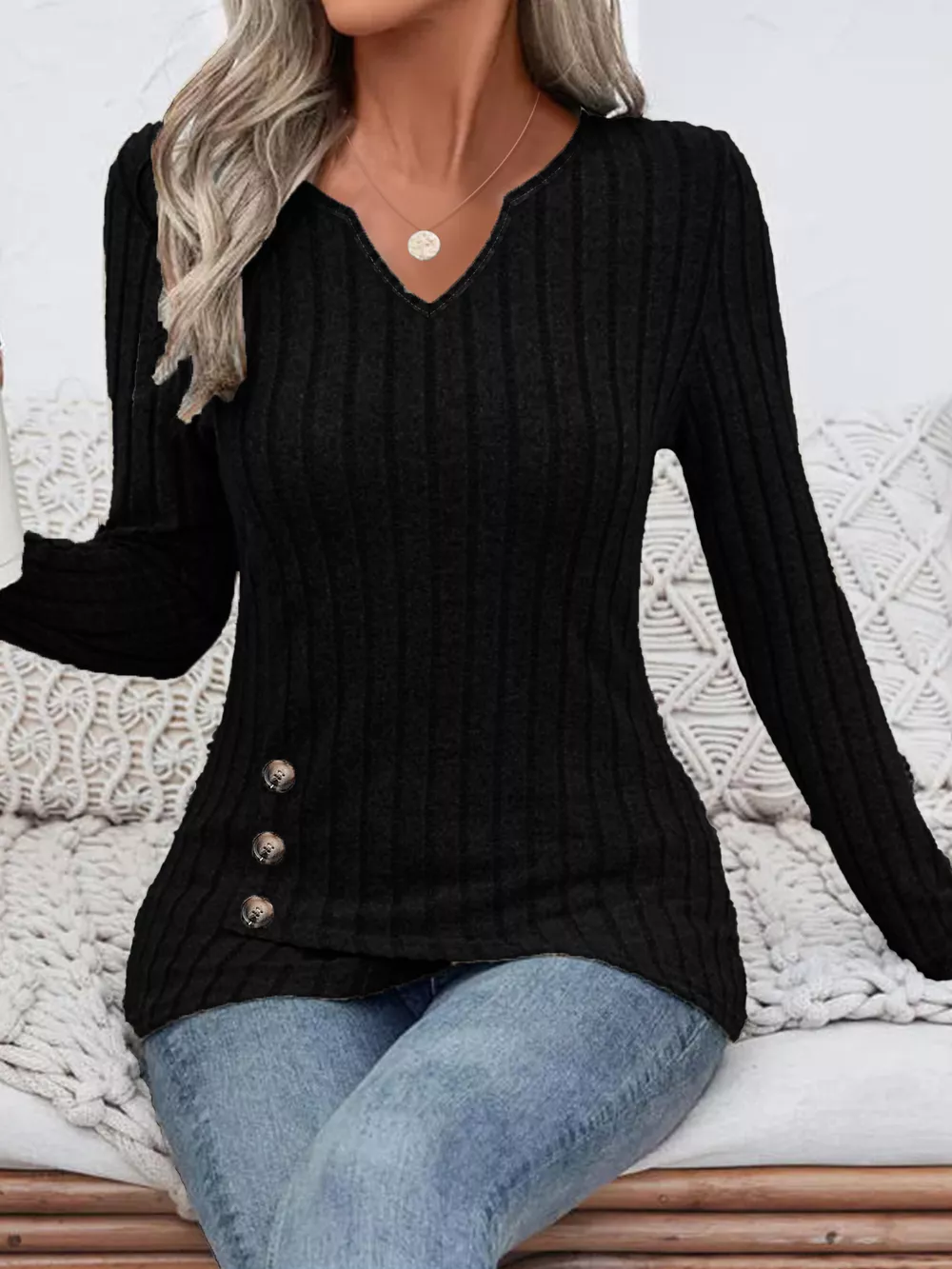 Ribbed Knit Notched Long Sleeve Top, image 6