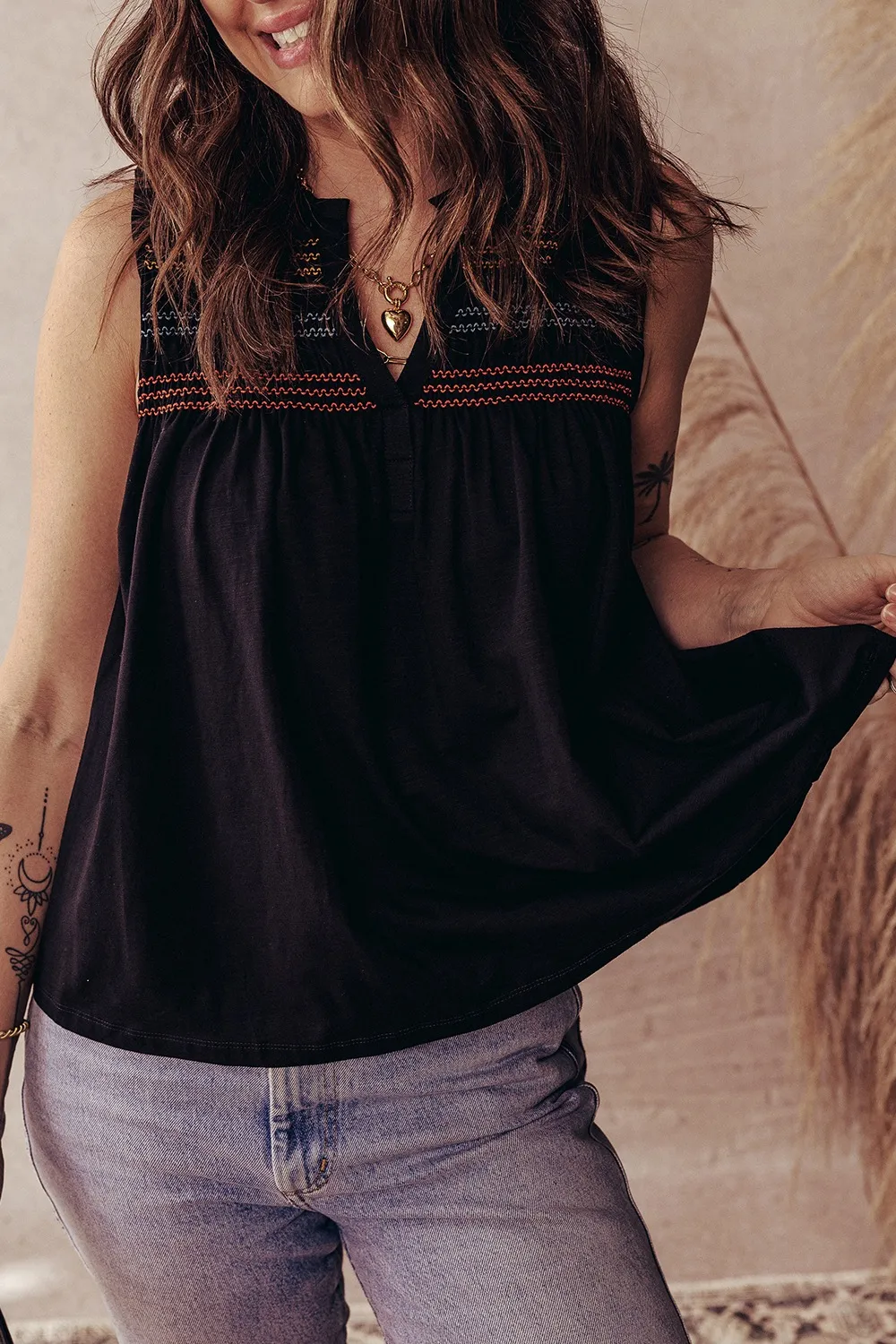 Boho Embroidered Sleeveless V-Neck Blouse, image 5