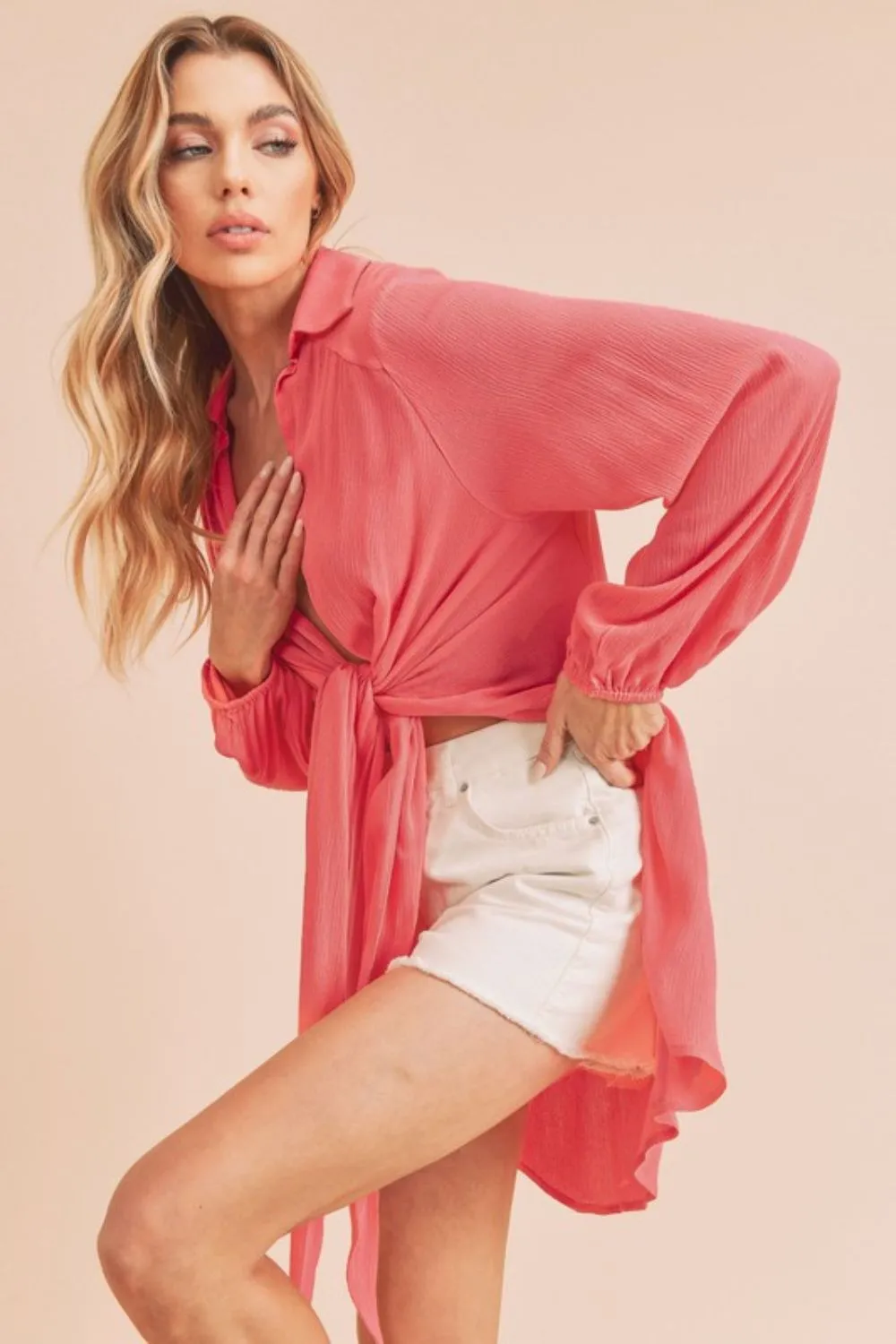 Tied Collared Neck Long Sleeve Top, image 3