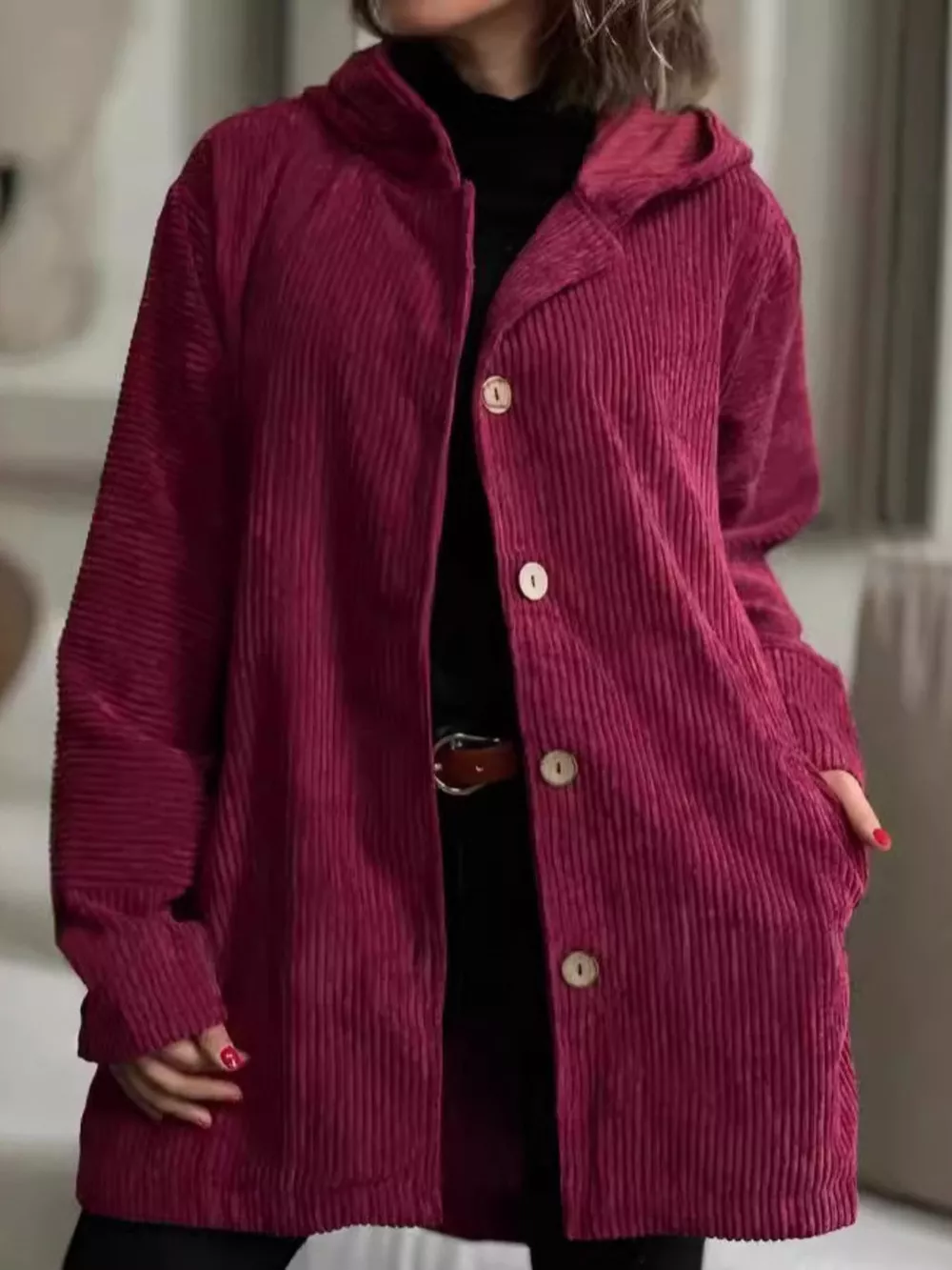 Full Size Corduroy Button Up Hooded Jacket Plus Size, image 11