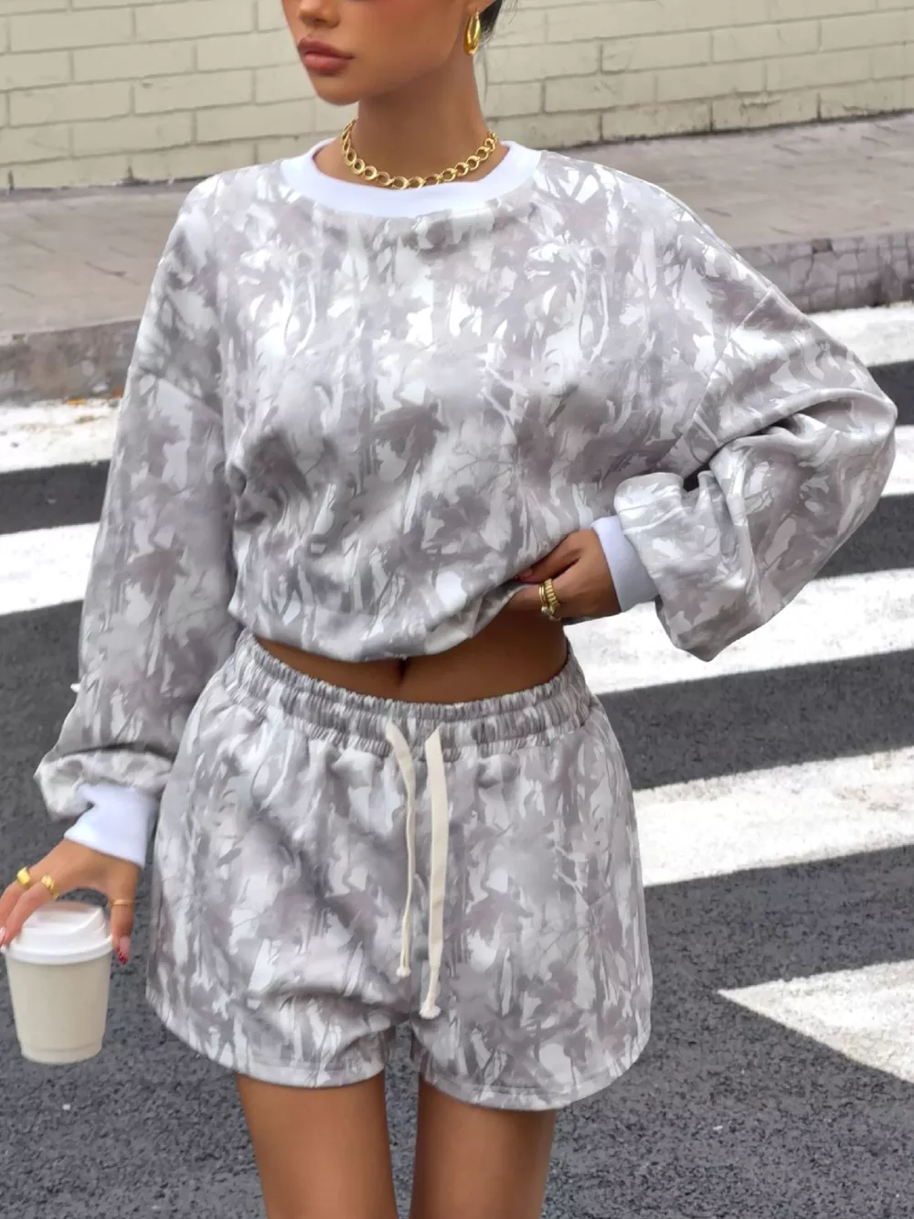 Round Neck Long Sleeve Top & Shorts Set, image 4
