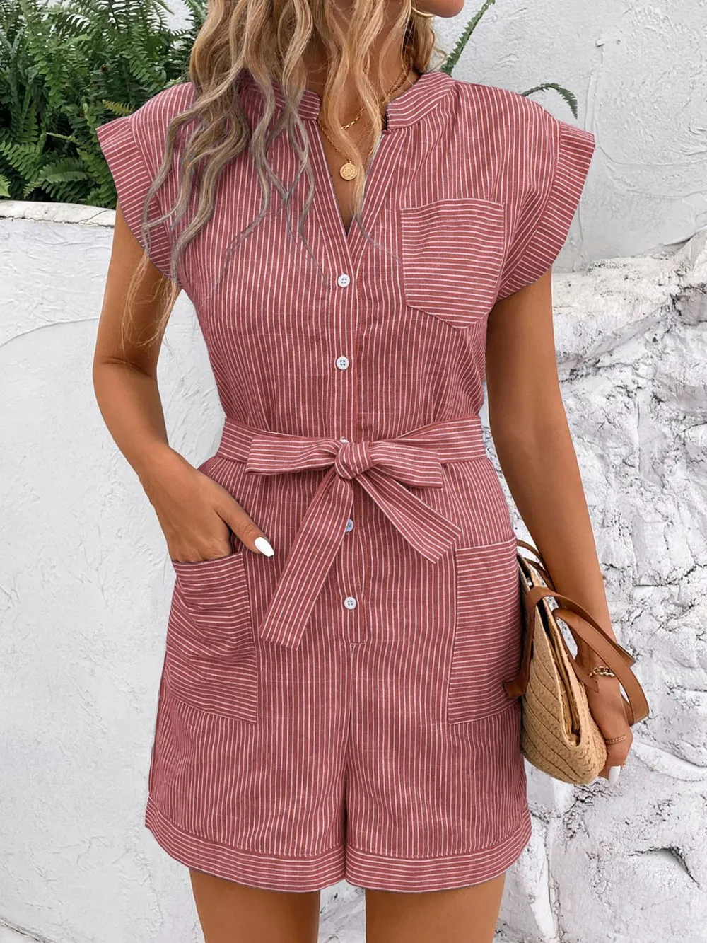 Striped Notched Tie Waist Romper, image 15