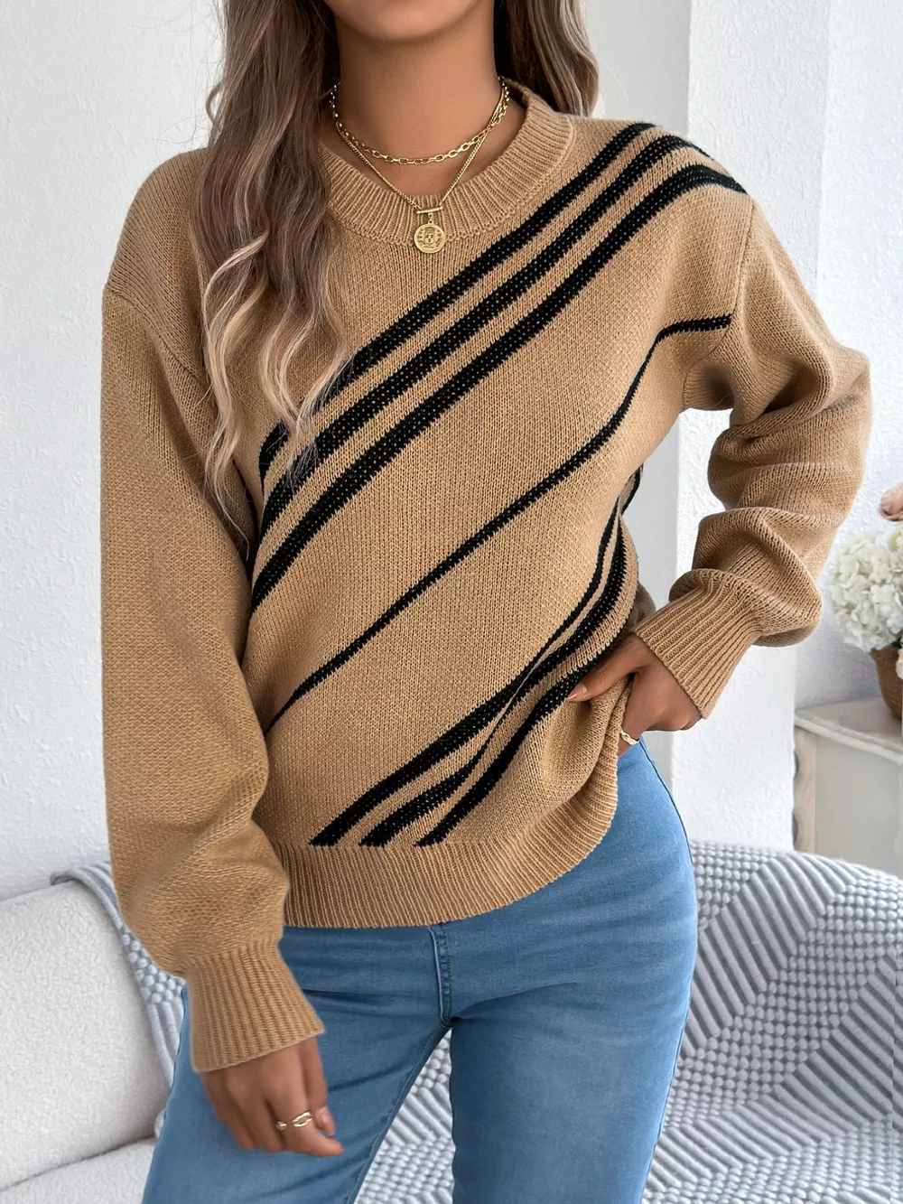 Striped Pattern Casual Round Neck Sweater, image 5